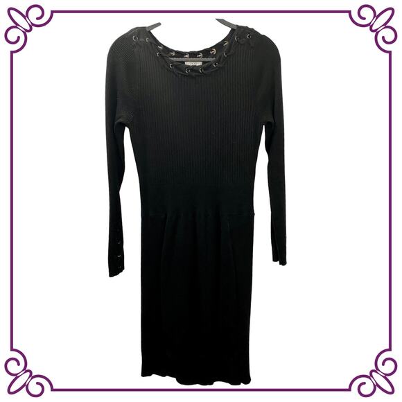 Chache Black Round Neck Long Sleeve Ribbed Knit Bodycon Dress Medium - Picture 1 of 10
